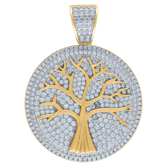 Sterling Silver Yellow Tone Mens Cubic Zirconia Round Tree Nature Charm Pendant