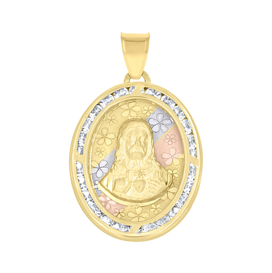 10K Tri-Color Gold Unisex Cubic Zirconia Diamond-Cut Jesus Face Religious Charm Pendant
