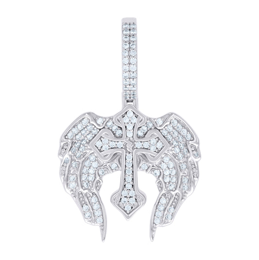 Sterling Silver Men Cubic-Zirconia Wing Cross Religious Charm Pendant