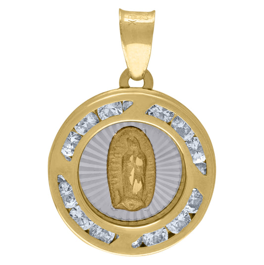 14K Two-Tone Gold Unisex Cubic-Zirconia Textured Lady Of Guadalupe Religious Charm Pendant