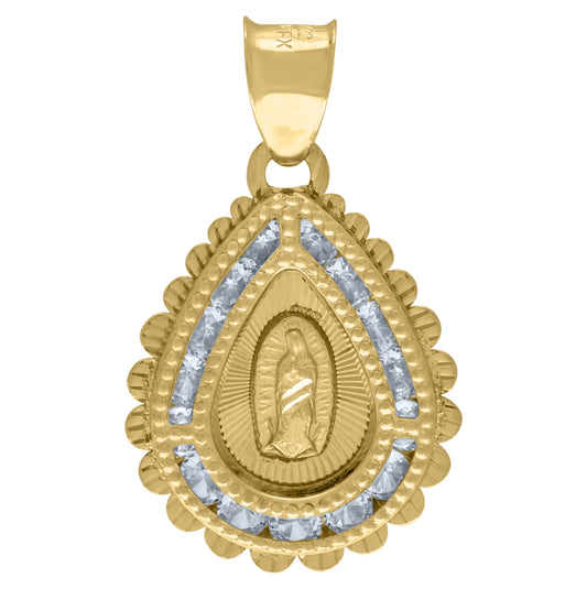 14K Yellow Gold Unisex Cubic-Zirconia Textured Lady Of Guadalupe Religious Teardrop Charm Pendant