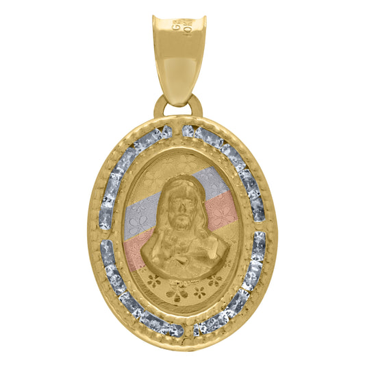 14K Tri-Color Gold Unisex Cubic-Zirconia Floral Textured Sacred Heart Of Jesus Religious Oval Charm Pendant