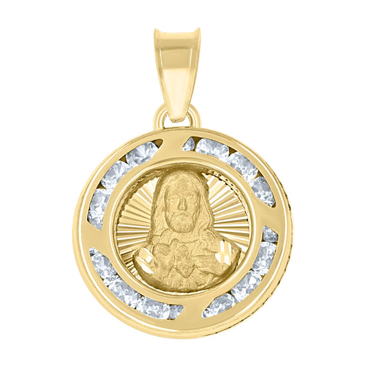 14K Two-Tone Gold Unisex Cubic-Zirconia Textured Sacred Heart Of Jesus Religious Charm Pendant