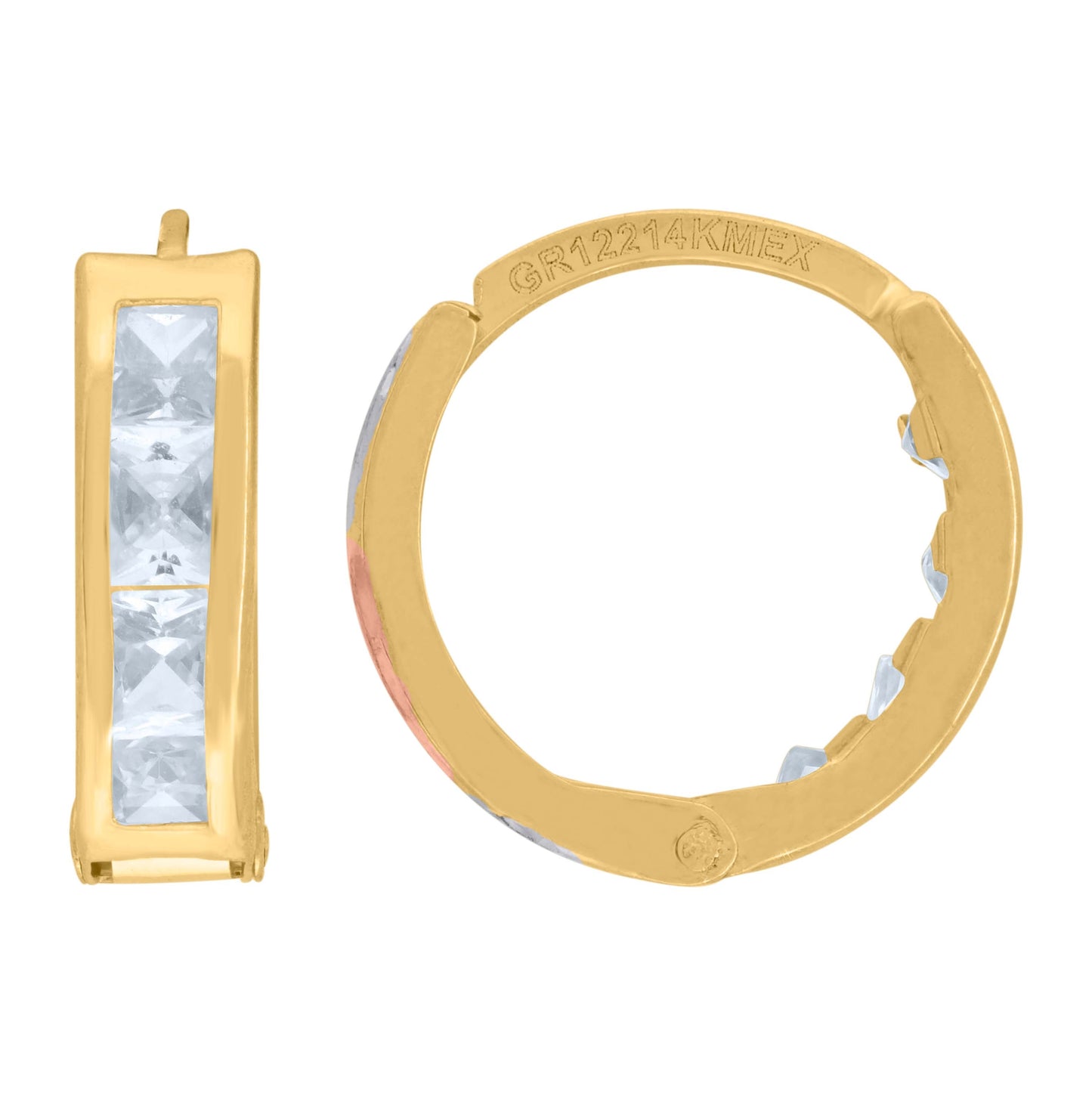 14K Tri-Color Gold Womens Princess-Cut Cubic Zirconia Single Row Huggie Hoop Earrings