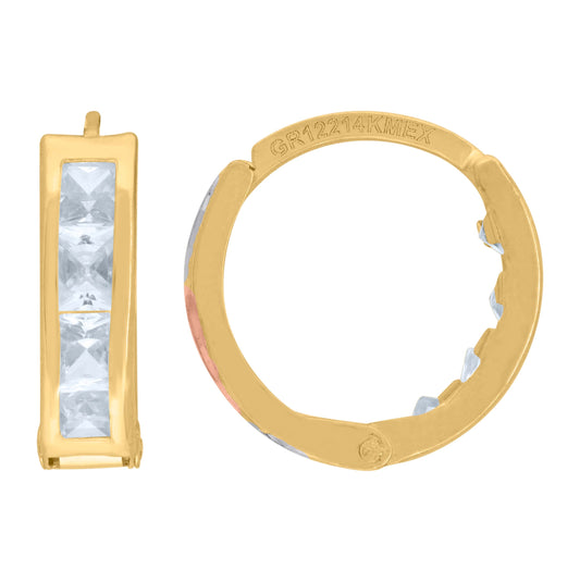 14K Tri-Color Gold Womens Princess-Cut Cubic Zirconia Single Row Huggie Hoop Earrings