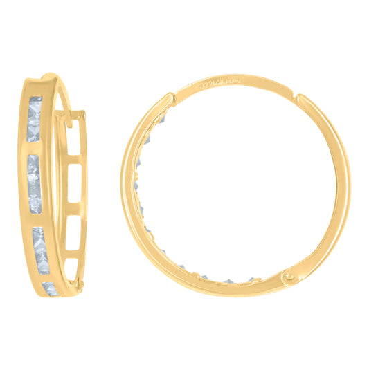 14K Yellow Gold Womens Princess-Cut Cubic Zirconia Single Row Huggie Hoop Earrings