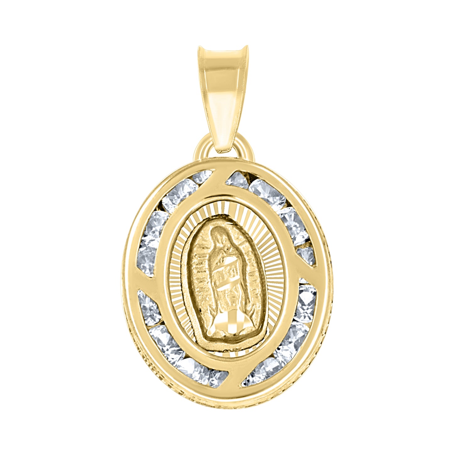 14K Two-Tone Gold Unisex Cubic-Zirconia Textured Lady Of Guadalupe Religious Oval Charm Pendant