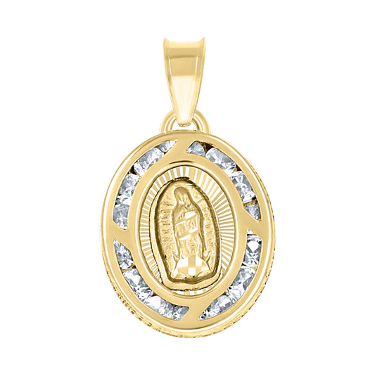 14K Two-Tone Gold Unisex Cubic-Zirconia Textured Lady Of Guadalupe Religious Oval Charm Pendant