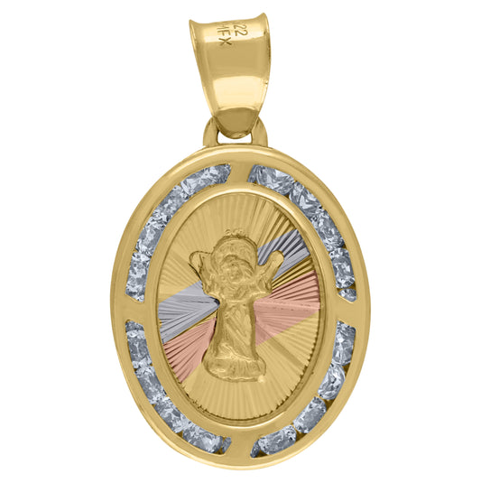 14K Tri-Color Gold Unisex Cubic-Zirconia Textured Religious Oval Charm Pendant