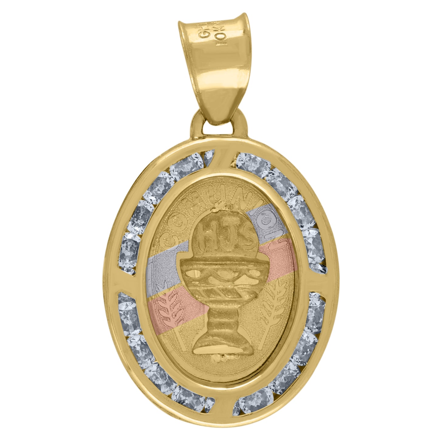 14K Tri-Color Gold Unisex Cubic-Zirconia Textured First Communion Religious Oval Charm Pendant