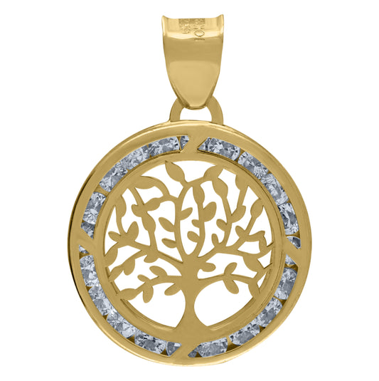 14K Yellow Gold Unisex Cubic-Zirconia Tree Of Life Charm Good Luck Pendant