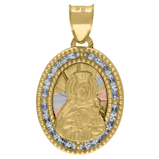 14K Tri-Color Gold Unisex Cubic-Zirconia Textured Saint Barbara Religious Oval Charm Pendant