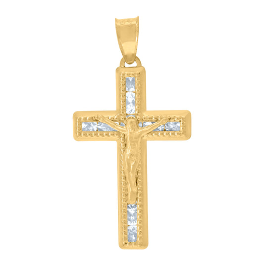 14K Yellow Gold Unisex Cubic Zirconia Textured Crucifix Cross Religious Charm Pendant