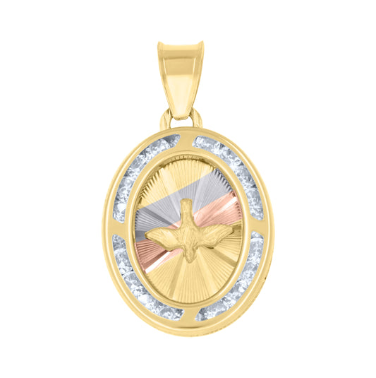 14K Tri-Color Gold Unisex Cubic-Zirconia Textured Dove Peace Symbol Oval Charm Pendant