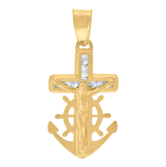 14K Yellow Gold Womens Cubic Zirconia Anchor Crucifix Cross Religious Charm Pendant