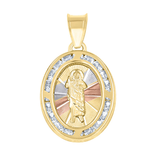 14K Tri-Color Gold Unisex Cubic-Zirconia Textured Saint Jude Religious Oval Charm Pendant