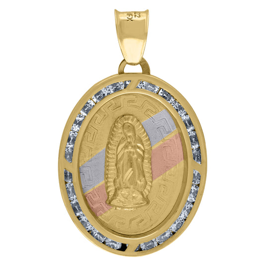 14K Tri-Color Gold Unisex Cubic-Zirconia Textured Lady Of Guadalupe Religious Greek Oval Charm Pendant