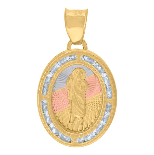 14K Tri-Color Gold Womens Cubic Zirconia Diamond-Cut Textured Saint Jude Religious Charm Pendant