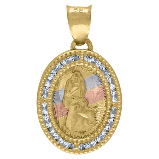 14K Tri-Color Gold Unisex Cubic-Zirconia Textured Saint Lazarus Religious Charm Pendant