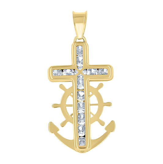 14K Yellow Gold Unisex Cubic-Zirconia Anchor Cross Religious Charm Pendant