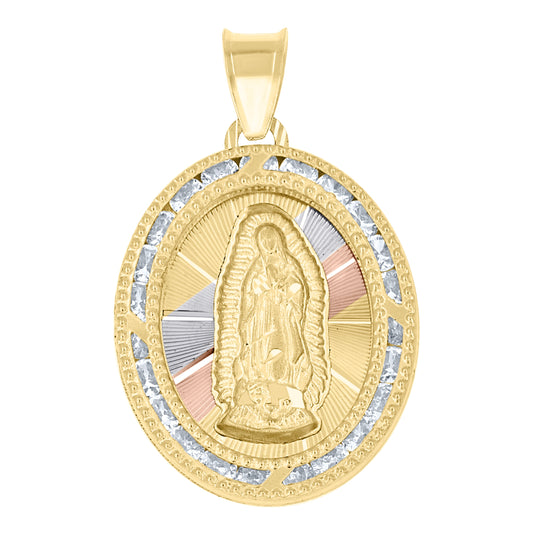 14K Tri-Color Gold Unisex Cubic-Zirconia Textured Lady Of Guadalupe Religious Oval Charm Pendant