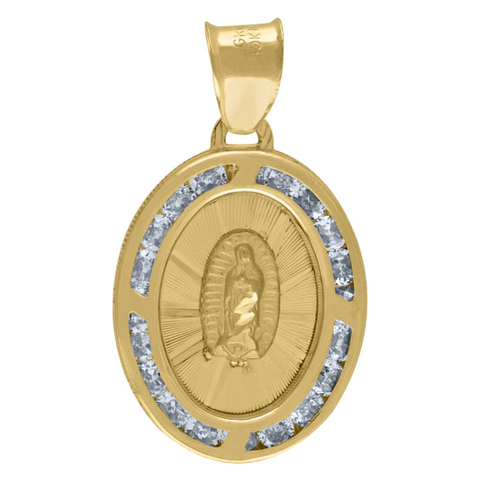 14K Yellow Gold Unisex Cubic-Zirconia Textured Lady Of Guadalupe Religious Oval Charm Pendant