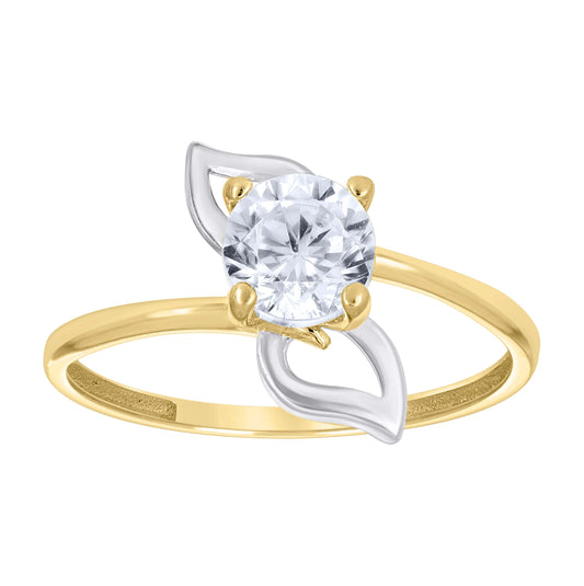 14K Two-Tone Gold Womens Cubic Zirconia Leaf Engagement Ring