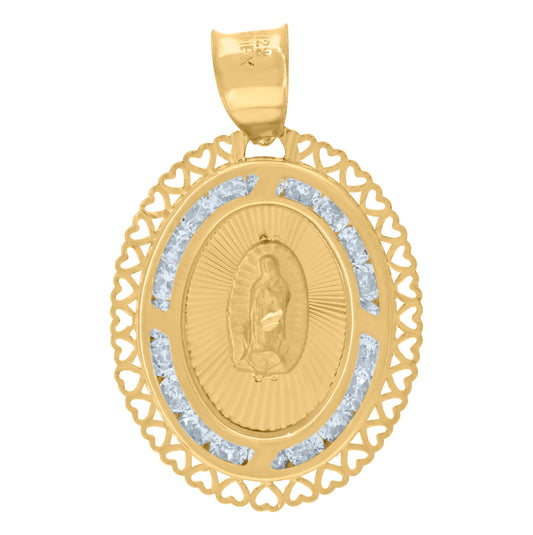 14K Yellow Gold Unisex Cubic Zirconia Diamond-Cut Textured Lady Of Guadalupe Religious Charm Pendant