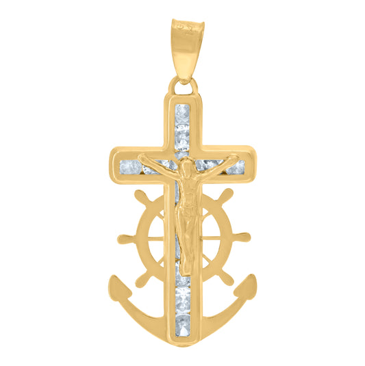 14K Yellow Gold Womens Cubic Zirconia Anchor Crucifix Cross Religious Charm Pendant