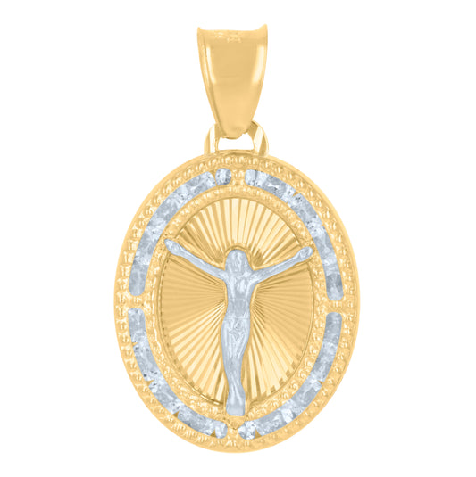 14K Two-Tone Gold Unisex Cubic-Zirconia Crucifix Religious Oval Charm Pendant