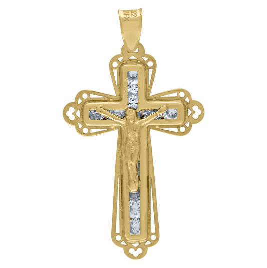 14K Yellow Gold Unisex Cubic-Zirconia Crucifix Cross Religious Charm Pendant