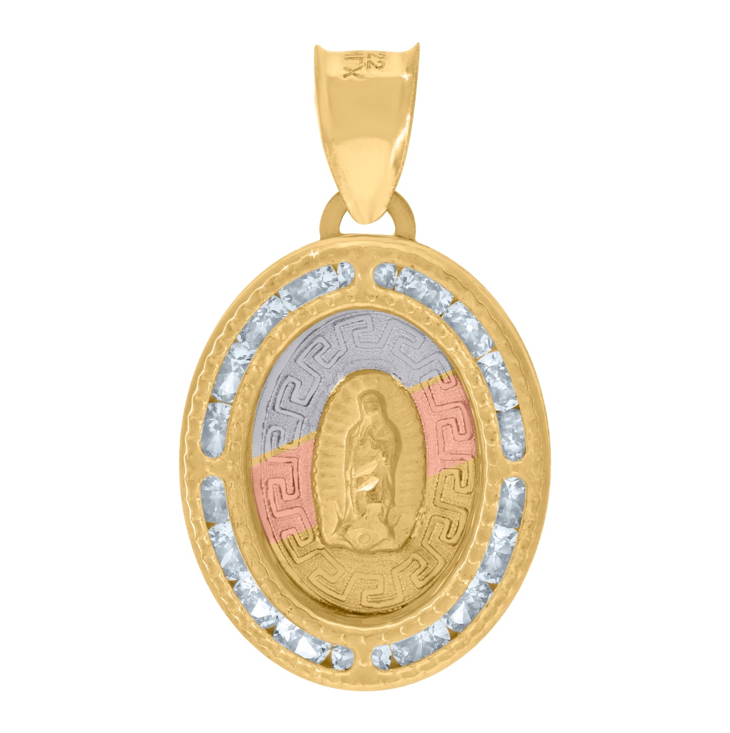14K Tri-Color Gold Unisex Cubic Zirconia Diamond-Cut Textured Lady Of Guadalupe Religious Charm Pendant