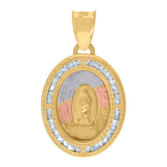 14K Tri-Color Gold Unisex Cubic Zirconia Diamond-Cut Textured Lady Of Guadalupe Religious Charm Pendant