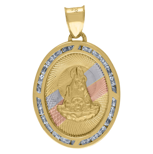 14K Tri-Color Gold Unisex Cubic-Zirconia Textured Saint Barbara Religious Oval Charm Pendant