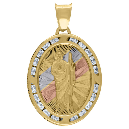 14K Tri-Color Gold Unisex Cubic-Zirconia Saint Jude Religious Charm Pendant