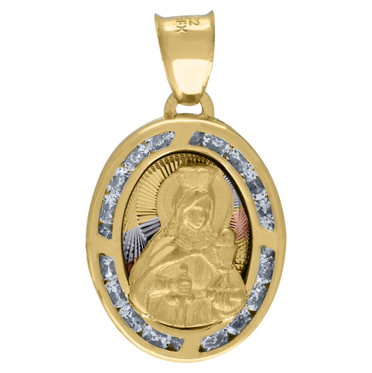 14K Tri-Color Gold Unisex Cubic-Zirconia Textured Saint Barbara Religious Oval Charm Pendant