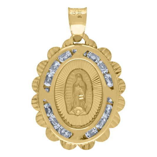 14K Yellow Gold Unisex Cubic-Zirconia Textured Lady Of Guadalupe Religious Oval Charm Pendant