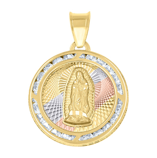 14K Tri-Color Gold Unisex Cubic-Zirconia Textured Lady Of Guadalupe Religious Charm Pendant