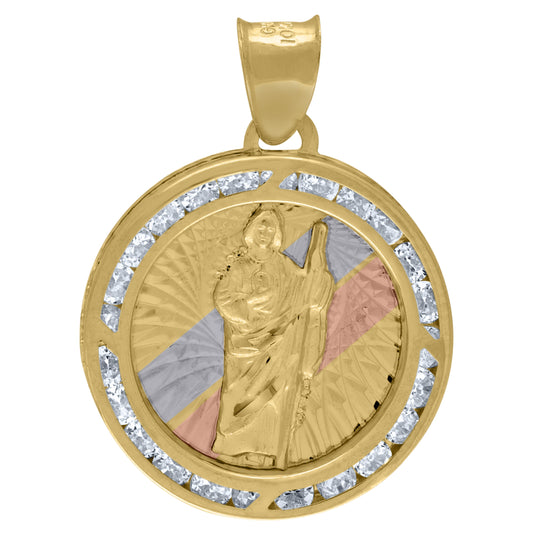 14K Tri-Color Gold Unisex Cubic-Zirconia Saint Jude Religious Charm Pendant