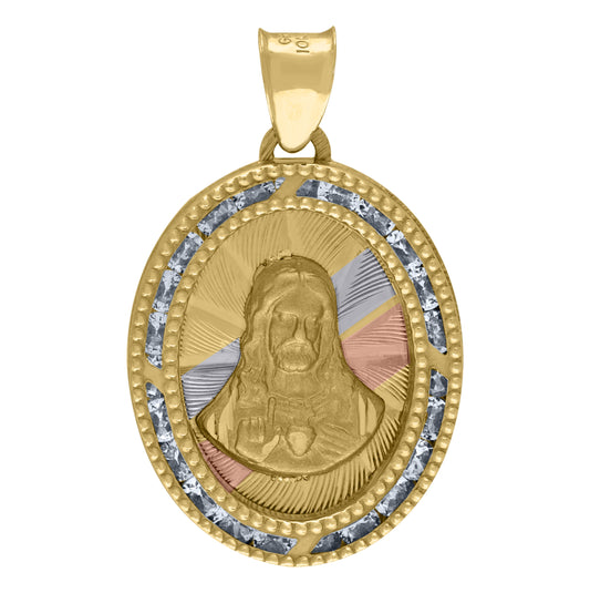 14K Tri-Color Gold Unisex Cubic-Zirconia Textured Religious Charm Pendant