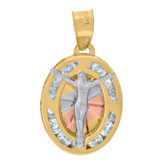 14K Tri-Color Gold Womens Cubic Zirconia Diamond-Cut Textured Crucifix Religious Charm Pendant