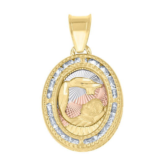 14K Tri-Color Gold Womens Cubic Zirconia Textured Baptism Bautizo Religious Charm Good Luck Pendant