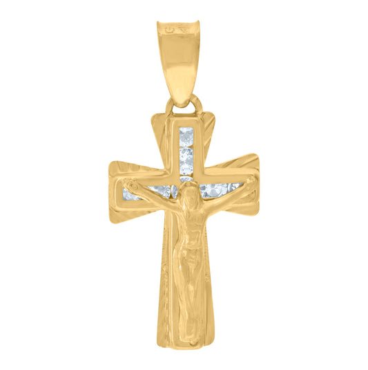 14K Yellow Gold Unisex Cubic Zirconia Crucifix Cross Religious Charm Pendant