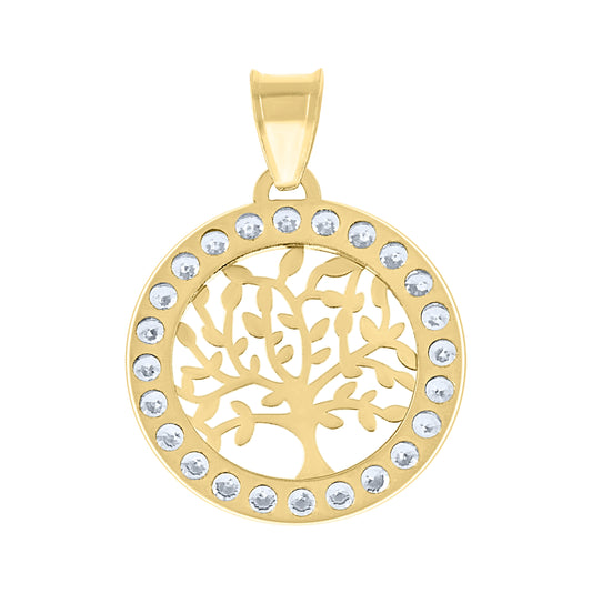 14K Yellow Gold Unisex Cubic-Zirconia Tree Of Life Oval Charm Good Luck Pendant