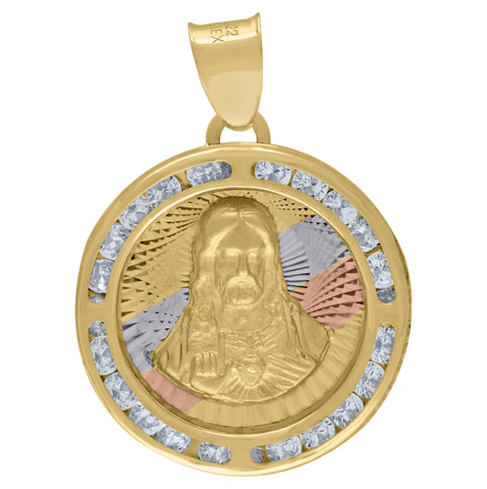 14K Tri-Color Gold Unisex Cubic Zirconia Textured Religious Jesus Charm Pendant