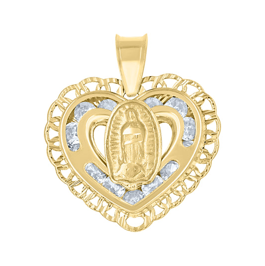 14K Yellow Gold Womens Cubic-Zirconia Textured Lady Of Guadalupe Religious Heart Shaped Charm Pendant