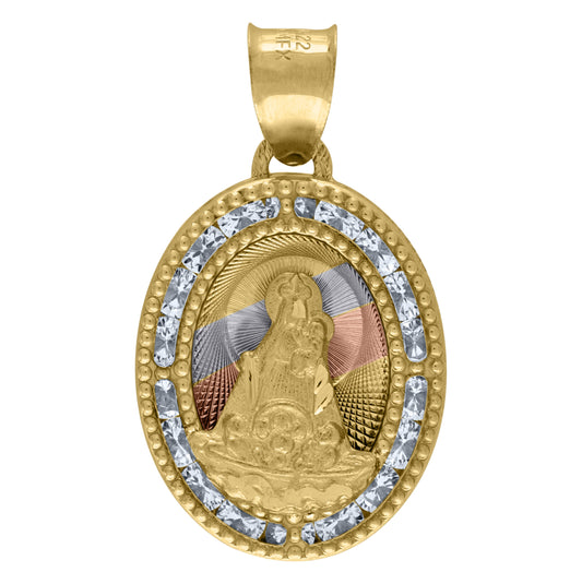 14K Tri-Color Gold Unisex Cubic-Zirconia Textured Saint Barbara Religious Oval Charm Pendant