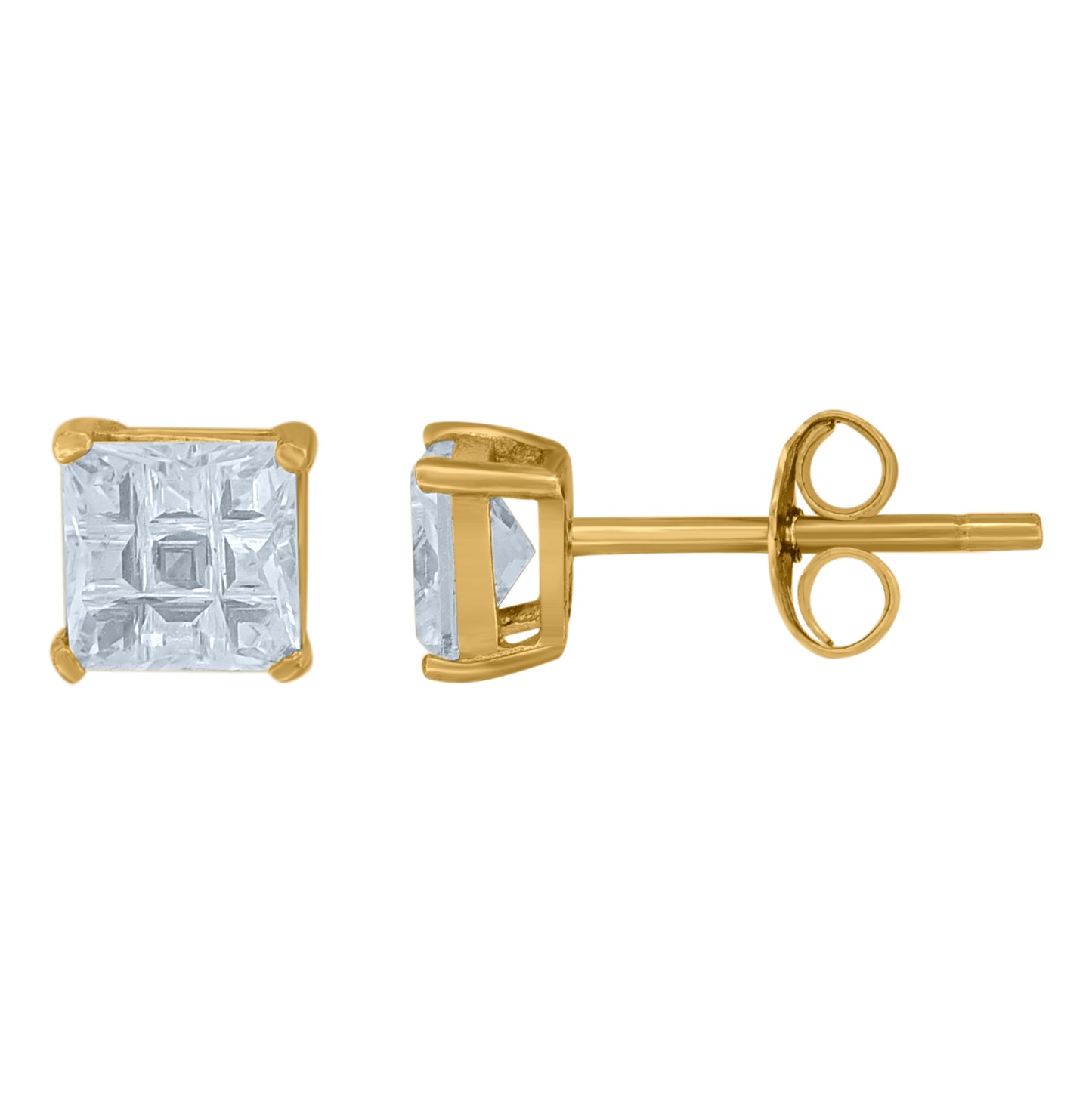 Sterling Silver Yellow-Tone Unisex Princess-Cut Cubic-Zirconia Square Stud Earrings