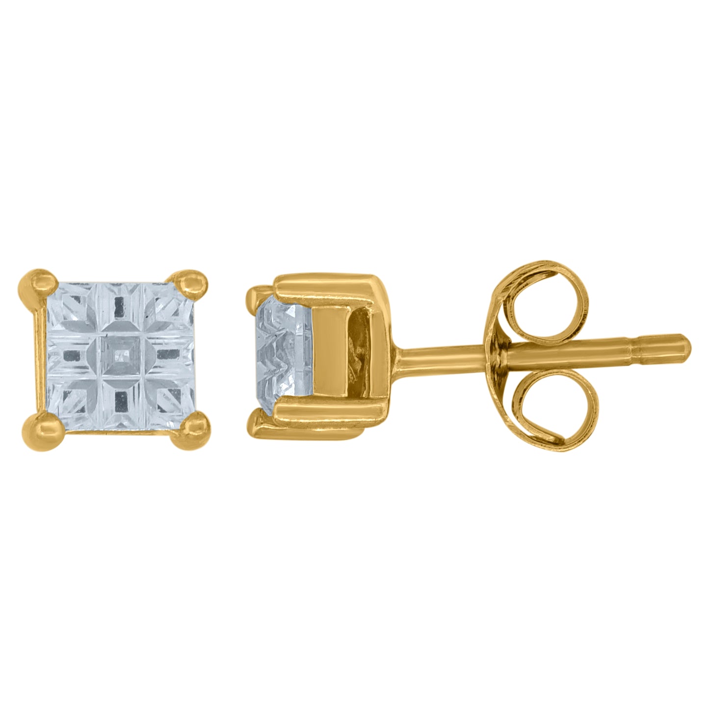 Sterling Silver Yellow-Tone Unisex Princess-Cut Cubic-Zirconia Square Stud Earrings