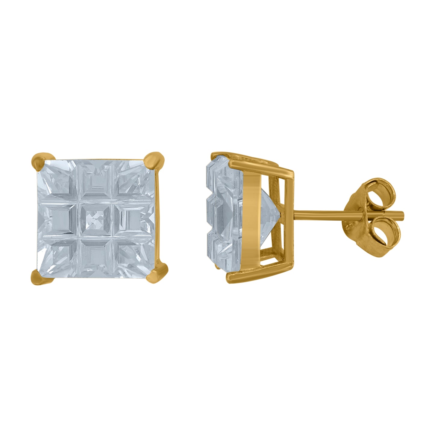 Sterling Silver Yellow-Tone Unisex Princess-Cut Cubic-Zirconia Square Stud Earrings